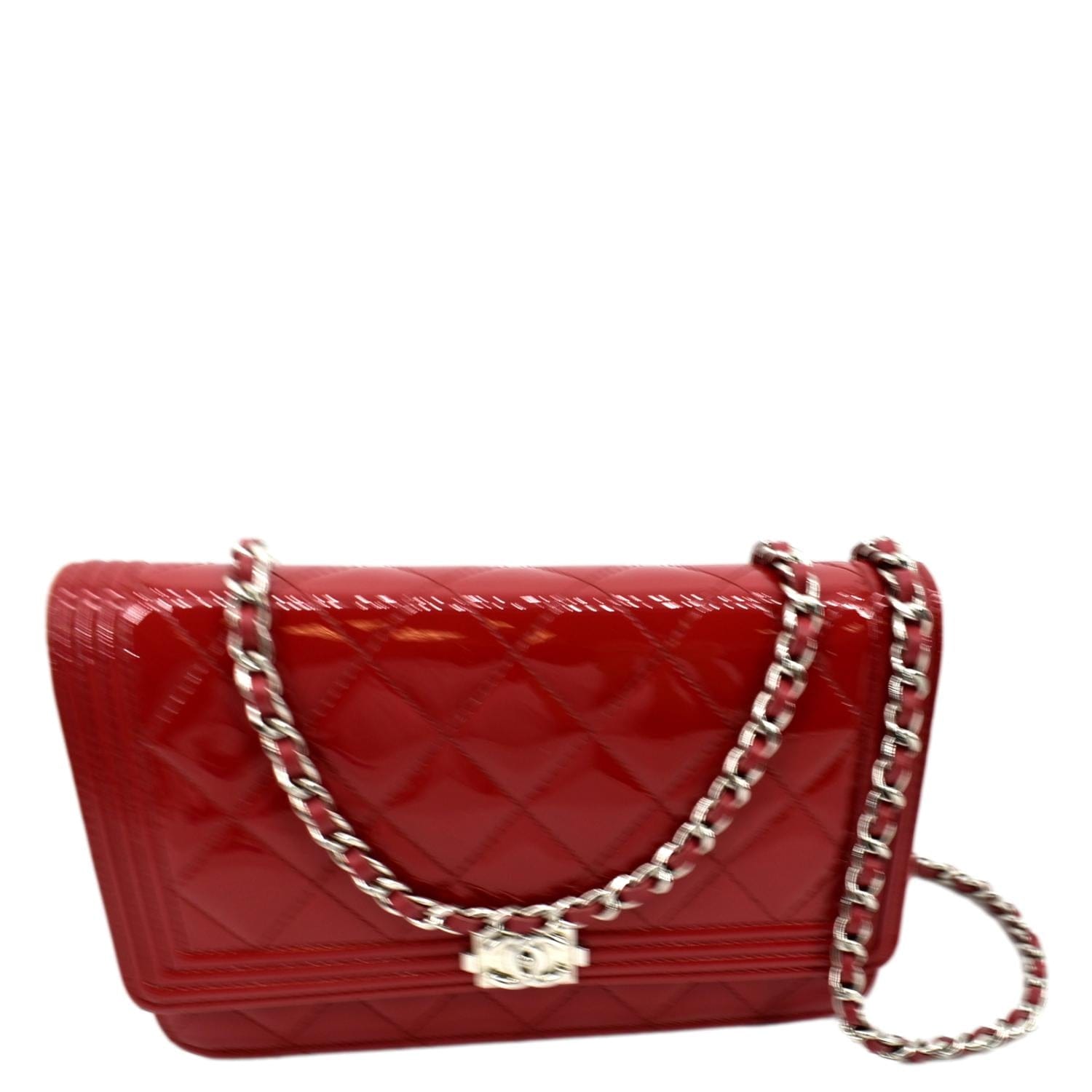 CHANEL Boy Woc Wallet on Chain Quilted Patent Leather Shoulder Bag Red