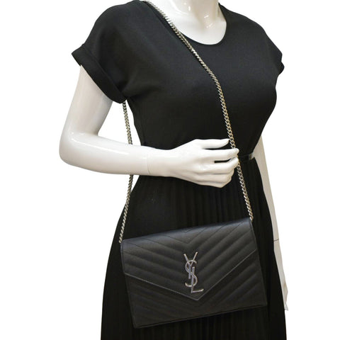 YVES SAINT LAURENT Cassandre Chain Wallet Leather Crossbody Bag Black