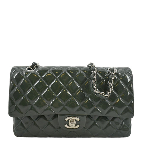 CHANEL Flap Quilted Patent Leather Shoulder Bag Green