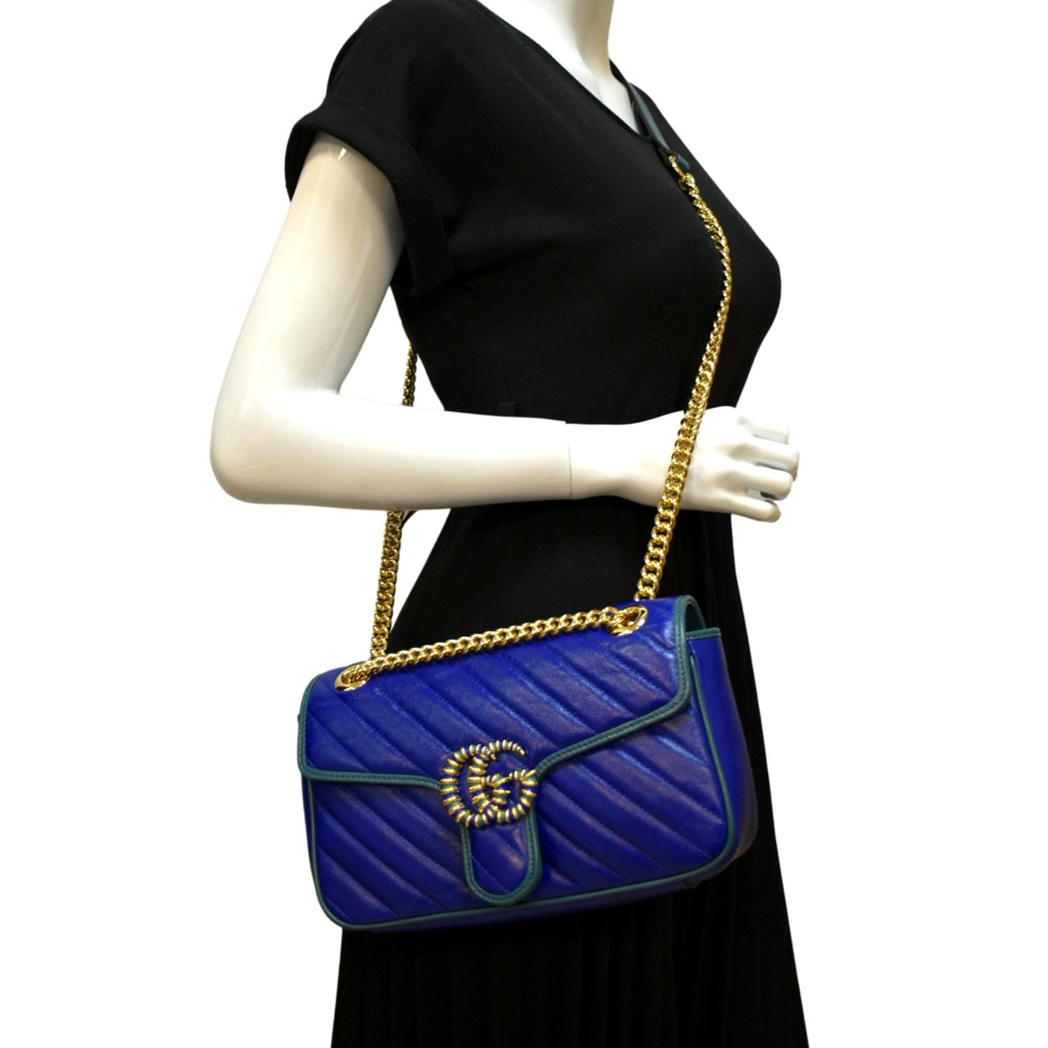 GUCCI Marmont Leather Shoulder Bag Blue 443497