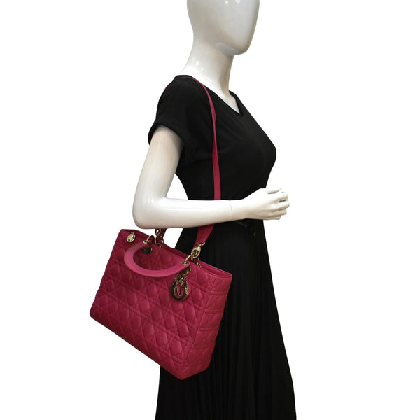 Christian Dior Large Lady Dior Lambskin Shoulder Bag in red color