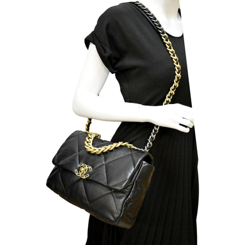 CHANEL 19 Flap Quilted Lambskin Leather Shoulder Bag Black