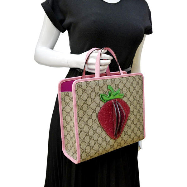 GUCCI Children's 3D Strawberry GG Supreme Canvas Tote Bag Beige 630589