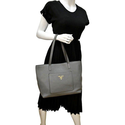 PRADA Vitello Daino Leather Tote Bag Dark Grey