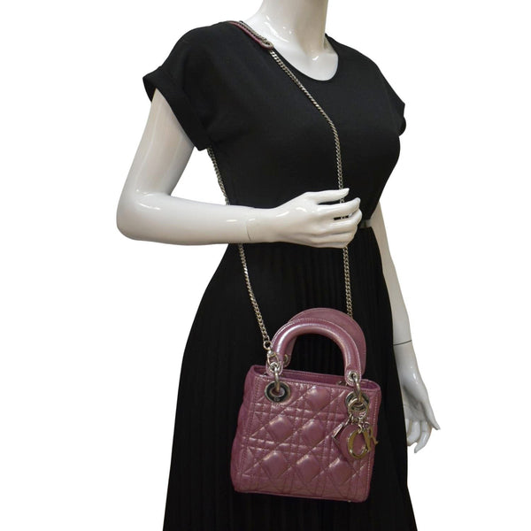 CHRISTIAN DIOR Mini Lady Dior Pearlescent Cannage Lambskin Shoulder Bag Dark Pink