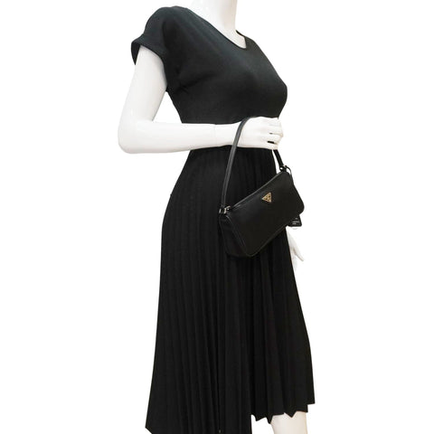 Prada Accessory Pouch Nylon Hobo Bag Black – Model holding