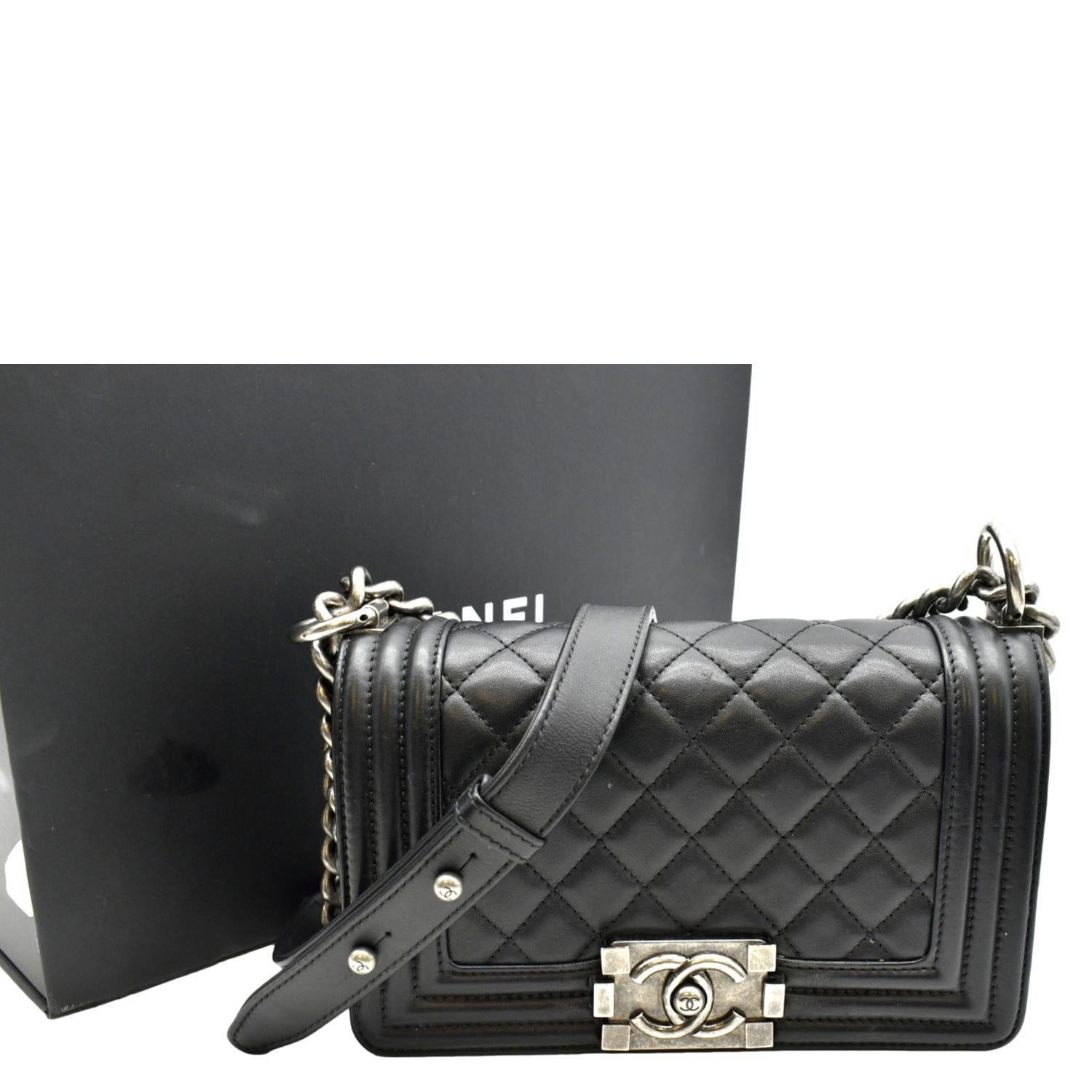 CHANEL Boy Small Quilted Lambskin Leather Shoulder Bag Black