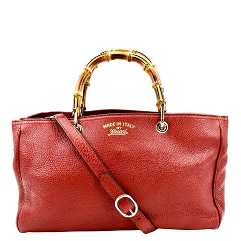 GUCCI Bamboo Shopper Leather Top Handle Shoulder Bag Red 323660