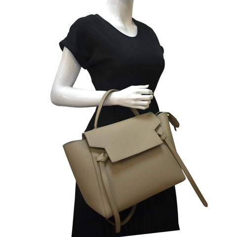 CELINE Mini Belt Grained Leather 2Way Shoulder Bag Taupe