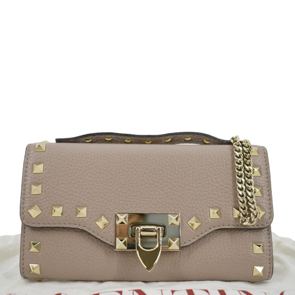 VALENTINO Garavani Small Rockstud Flap Leather Crossbody Bag Beige