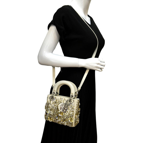 CHRISTIAN DIOR Mini Lady Dior Crystal Embellished Satin Shoulder Bag Ivory