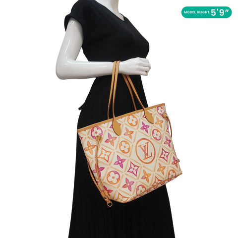 LOUIS VUITTON Neverfull MM Watercolor Monogram Tiles Canvas Shoulder Bag Coral