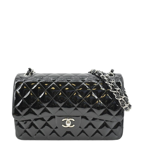 CHANEL Classic Medium Double Flap Patent Leather Shoulder Bag Black