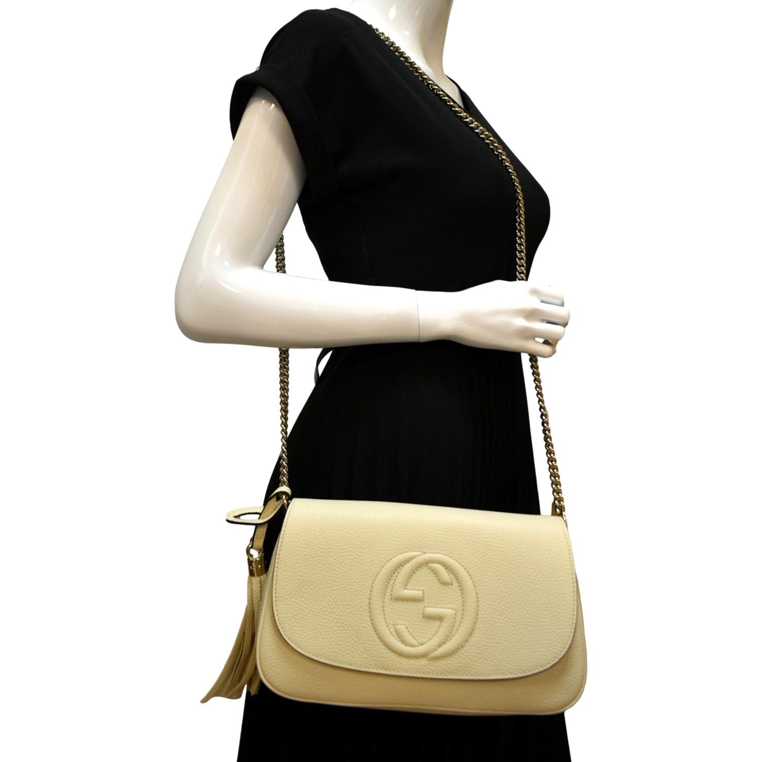 GUCCI Soho GG Flap Leather Chain Shoulder Bag Ivory 536224