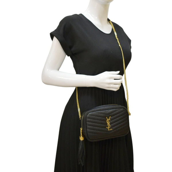 YVES SAINT LAURENT Lou Chevron Leather Camera Crossbody Bag Black