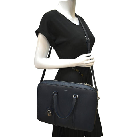 CELINE Grained Calfskin Leather Crossbody Briefcase Bag Navy Blue