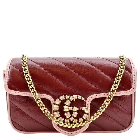 GUCCI Vintage Effect Super Mini GG Marmont Diagonal Leather Shoulder Bag Red 574969