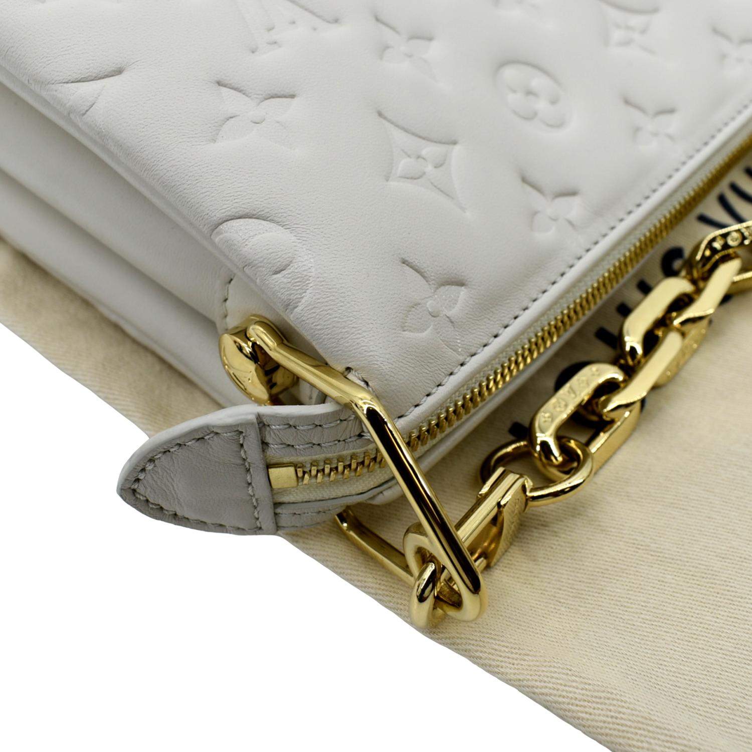 Louis Vuitton Leather Embossed Monogram Shoulder Duffle Bag Cream