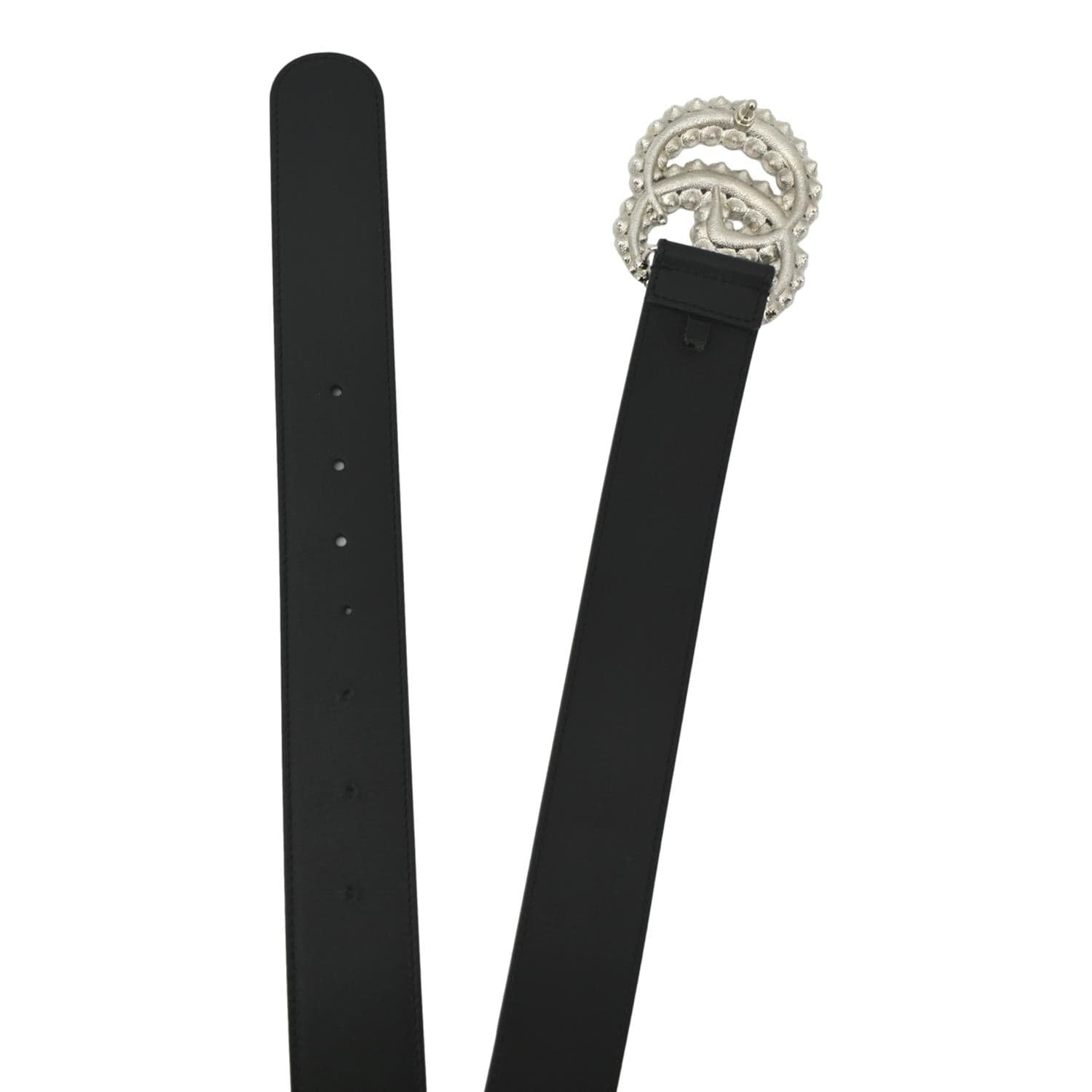 GUCCI Double G Crystal Buckle Leather Belt Size 85.34 Black 525040