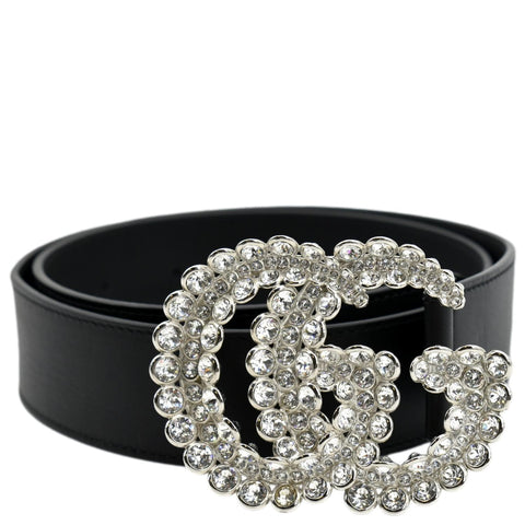 GUCCI Double G Crystal Buckle Leather Belt Size 85.34 Black 525040