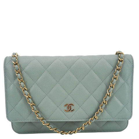 CHANEL Wallet On Chain Quilted Caviar Leather Crossbody Bag Light Blue