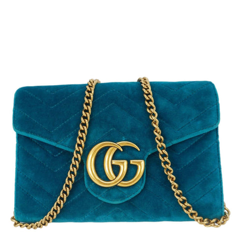 GUCCI GG Marmont Matelasse Velvet Chain Wallet Pavone Cyan 474575