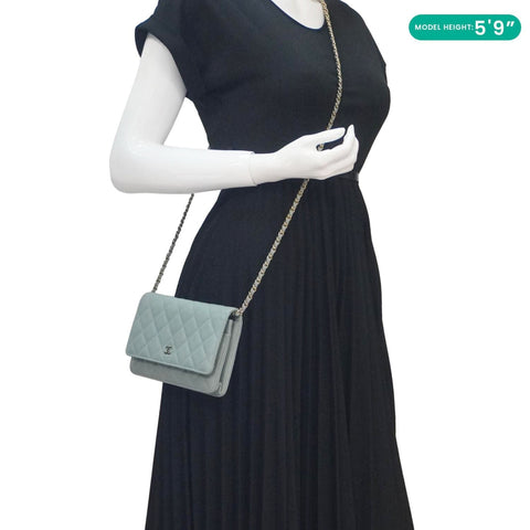 CHANEL Wallet On Chain Quilted Caviar Leather Crossbody Bag Light Blue