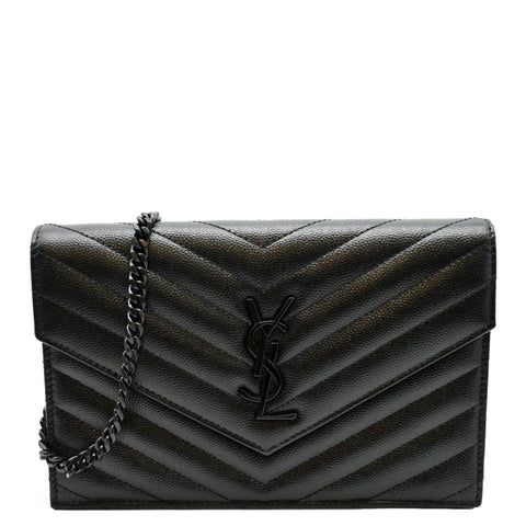 YVES SAINT LAURENT Cassandre Grain De Poudre Embossed Leather Chain Envelope Bag Black