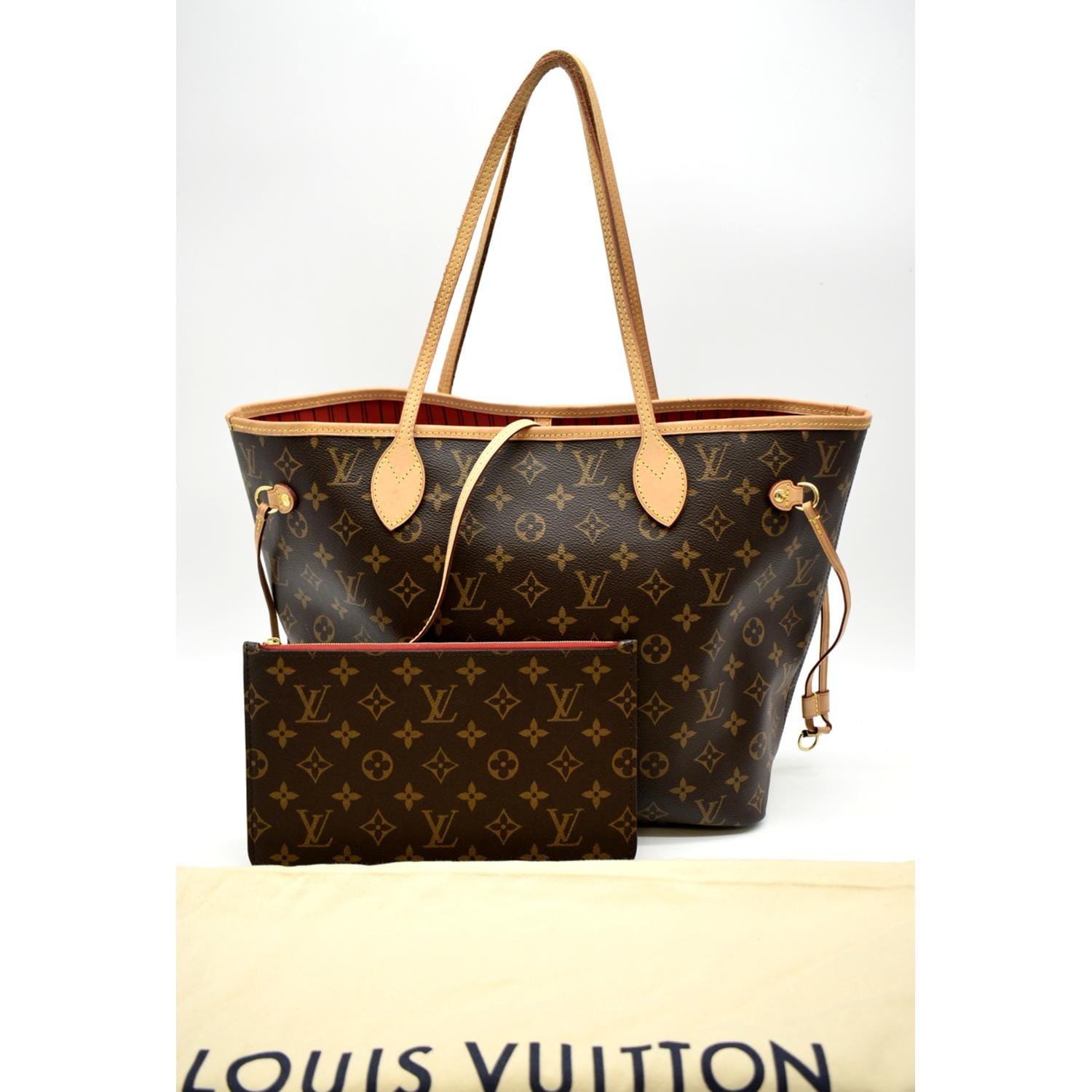 Louis Vuitton Neverfull mm Monogram Canvas Tote Bag Brown/Red