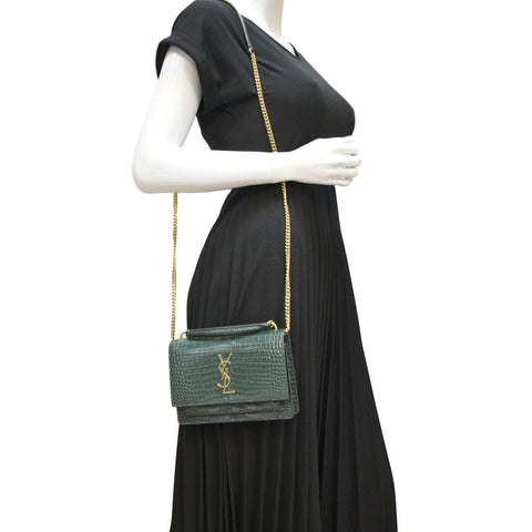 YVES SAINT LAURENT Sunset Crocodile Embossed Leather Crossbody Bag Green