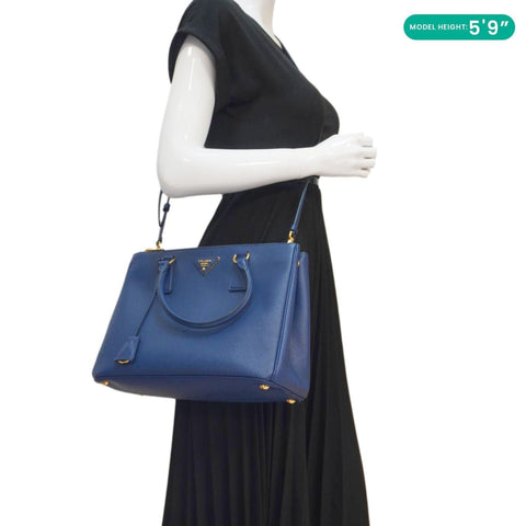 PRADA Galleria Double Zip Medium Saffiano Lux Leather Tote Bag Blue