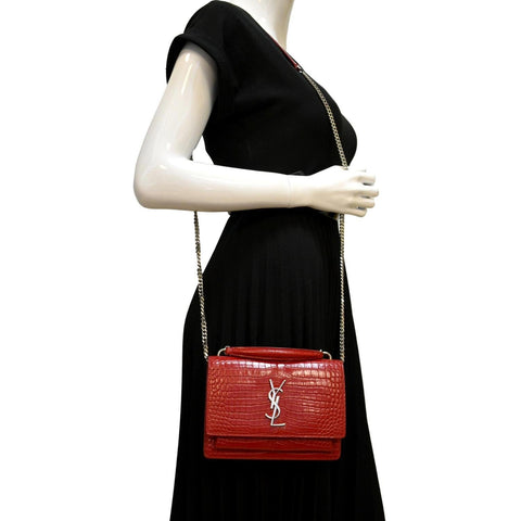 YVES SAINT LAURENT Sunset Crocodile Embossed Leather Crossbody Bag Red