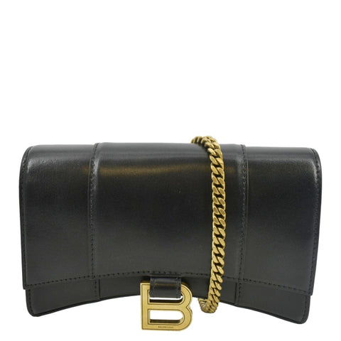 BALENCIAGA Hourglass Leather Chain Wallet Shoulder Bag Black