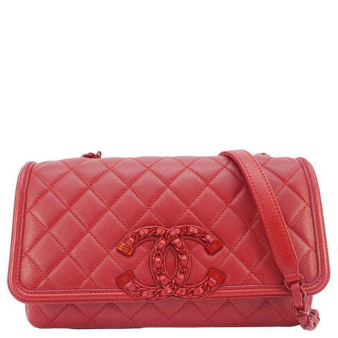 CHANEL CC Filigree Medium Flap Caviar Leather Crossbody Bag Red