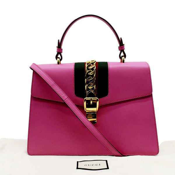 GUCCI Sylvie Medium Web Smooth Leather Top Handle Shoulder Bag Pink 431665