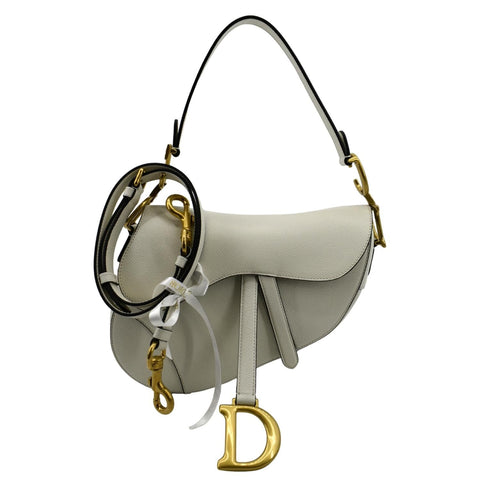 CHRISTIAN DIOR Saddle Grained Calfskin Leather Shoulder Bag Ivory