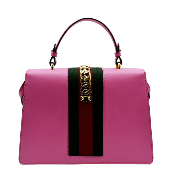 GUCCI Sylvie Medium Web Smooth Leather Top Handle Shoulder Bag Pink 431665