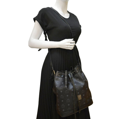MCM Drawstring Visetos Canvas Bucket Bag Black