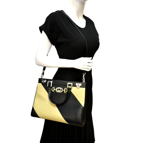 GUCCI Medium Zumi Diagonal Stripe Leather Top Handle Shoulder Bag Beige 564714