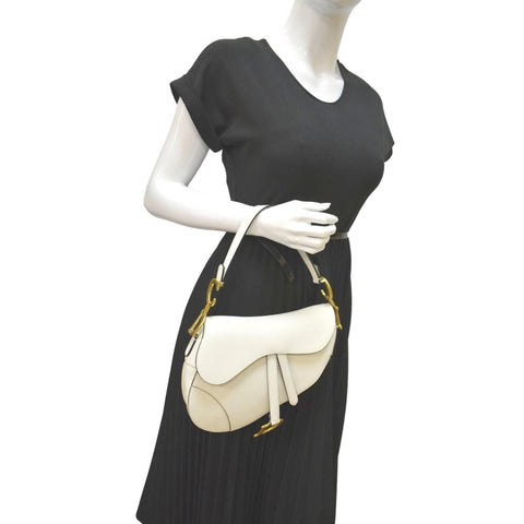 CHRISTIAN DIOR Saddle Grained Calfskin Leather Shoulder Bag Ivory