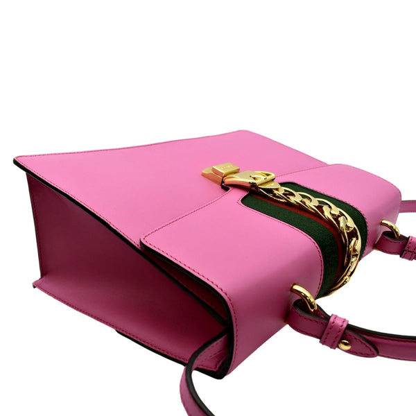 GUCCI Sylvie Medium Web Smooth Leather Top Handle Shoulder Bag Pink 431665