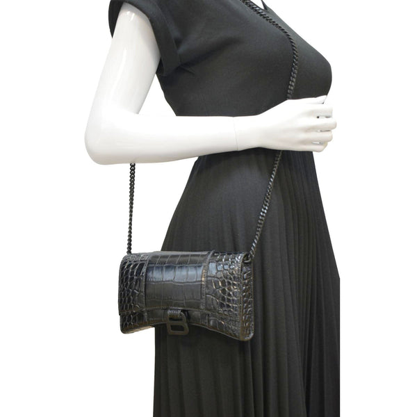 BALENCIAGA Hourglass Leather Chain Wallet Shoulder Bag Black