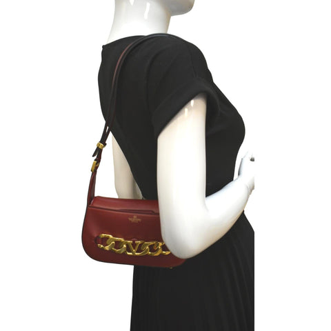 Valentino V Logo Chain Leather Shoulder Bag in Red - Full View
