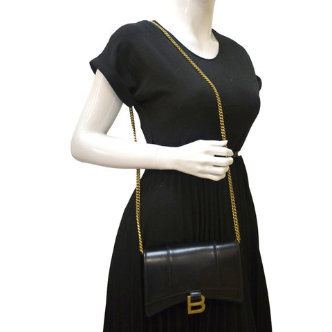 BALENCIAGA Hourglass Leather Chain Wallet Shoulder Bag Black