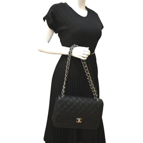 CHANEL Classic Jumbo Double Flap Quilted Caviar Leather Shoulder Bag Black