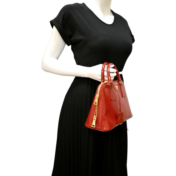 PRADA Promenade Small Saffiano Patent Leather Shoulder Bag Red