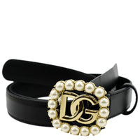 Dolce & Gabbana DG Logo Pearl Leather Belt in Black - Front