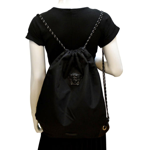 VERSACE La Medusa Drawstring Nylon Backpack Bag Black