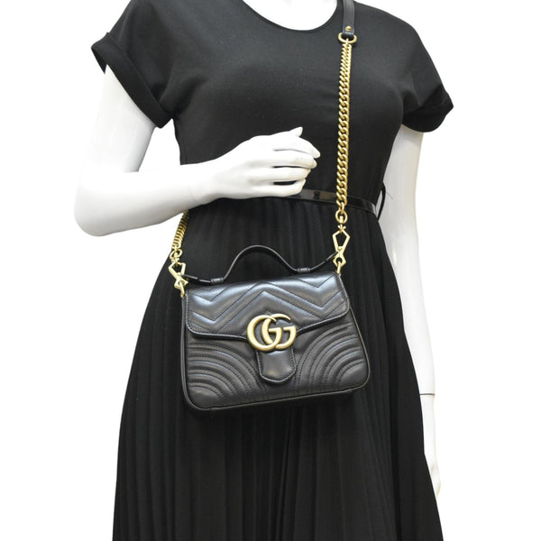 GUCCI GG Marmont Leather Top Handle Crossbody Bag Black 547260