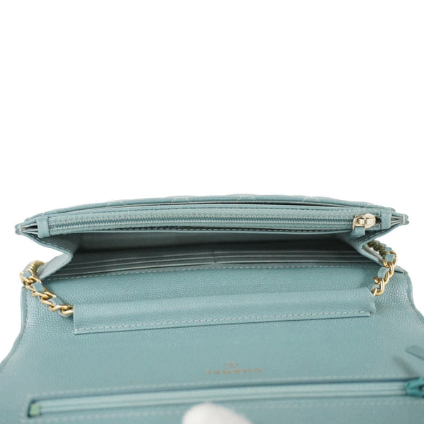 CHANEL Wallet On Chain Quilted Caviar Leather Crossbody Bag Sea Green